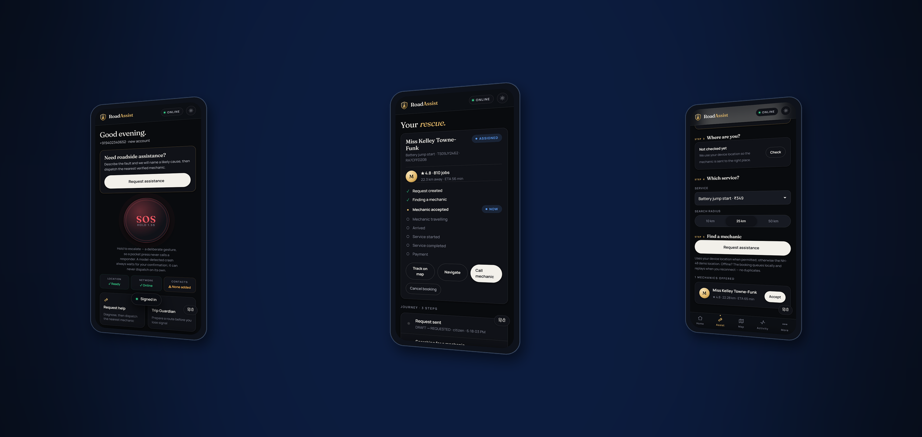 Three phone screens from the running app: home with the SOS control, live job tracking, and mechanic dispatch with ranked offers